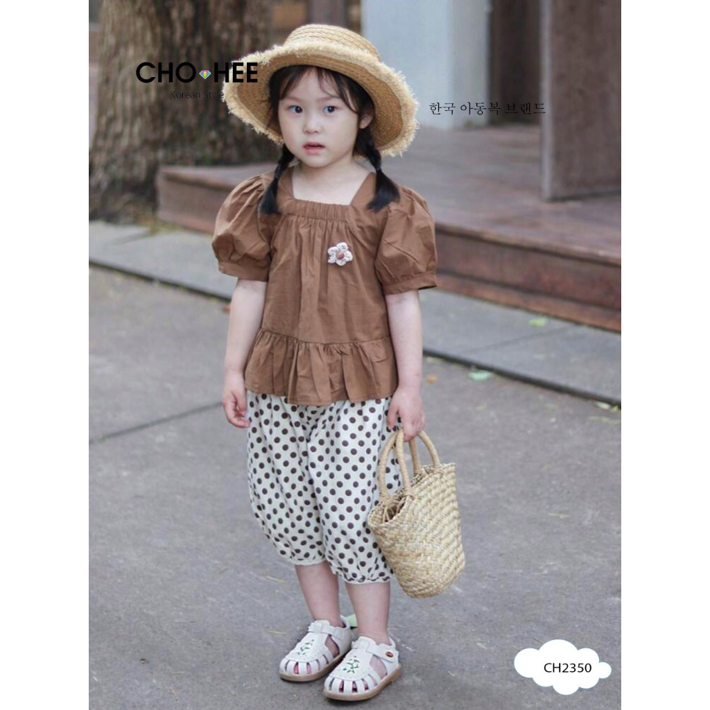 Bộ bé gái Chohee tay bồng bo chun ngực phối quần đùi chấm bi chất liệu thô cho bé từ 1-8 tuổi - CH2350
