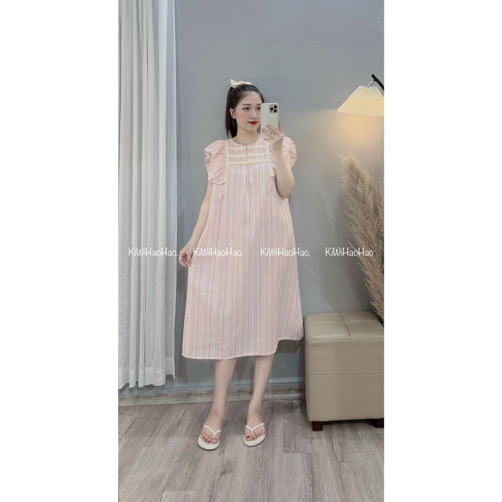 Đầm bầu dáng dài , váy bầu thiết kế kẻ ren tay cánh tiên 3 màu siêu xinh