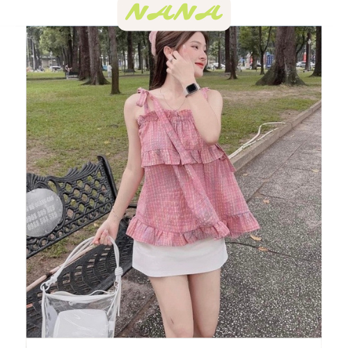 Áo 2 dây babydoll chất vải thô mềm mát áo kiểu buộc nơ kẻ xốp hồng cute tiểu thư tôn da mùa hè dành cho nữ_Nanastore