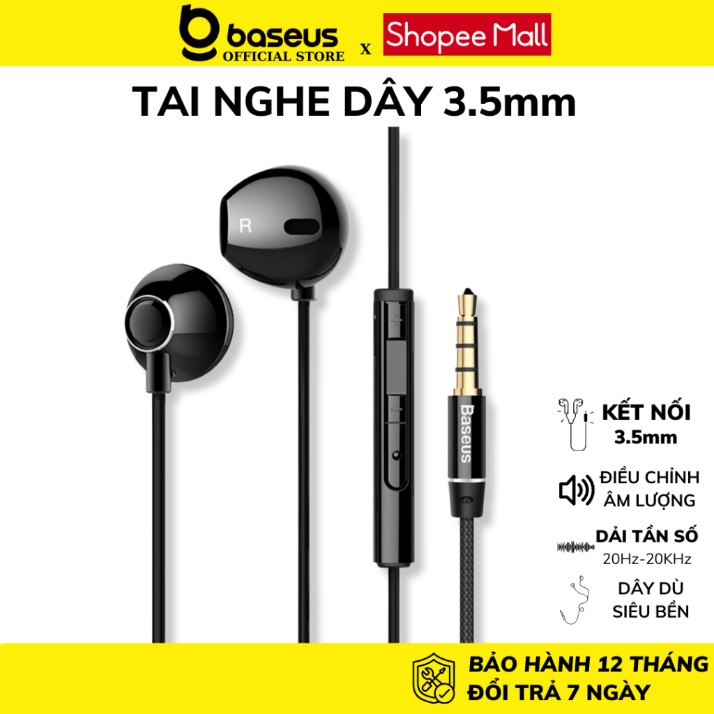 Tai nghe nhét tai chính hãng Baseus H06 Cổng 3.5mm Tích hợp micro, chống ồn âm thanh nổi cho ip samsung xiaomi