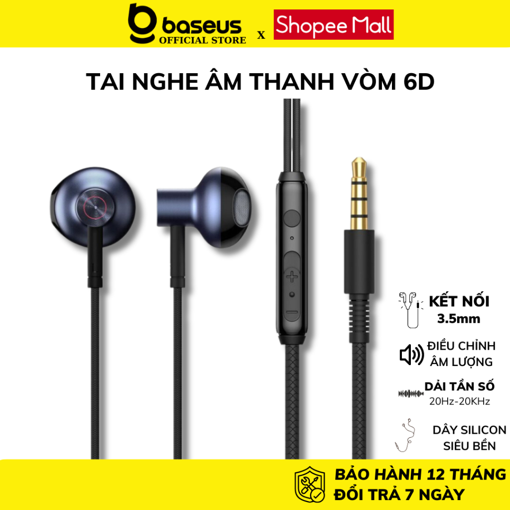 Tai nghe Nhét Tai AUX 3.5mm Baseus Encok H19 âm thanh 6D cực kỳ sống động cho smartphone laptop