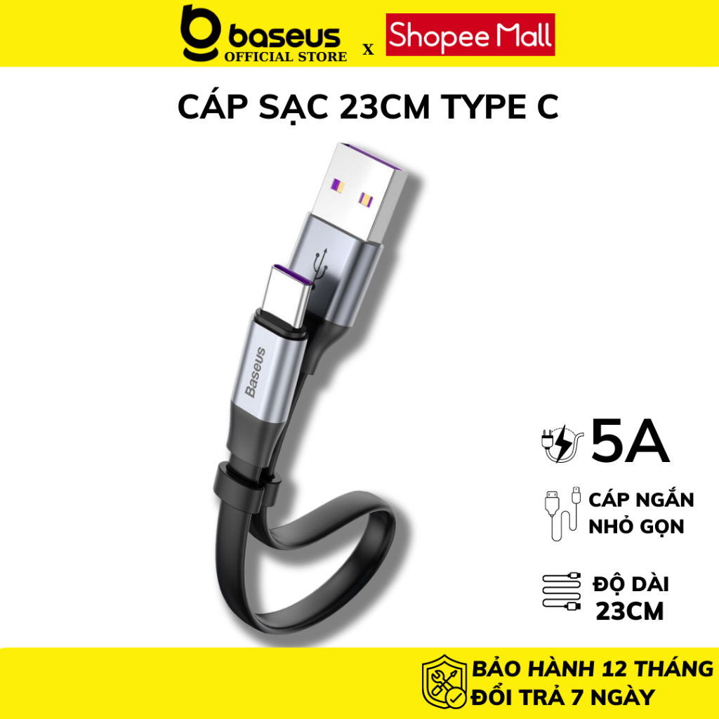 Dây sạc nhanh type c Baseus dài 23cm tiện lợi khi dùng pin sạc dự phòng smartphone samsung xiaomi