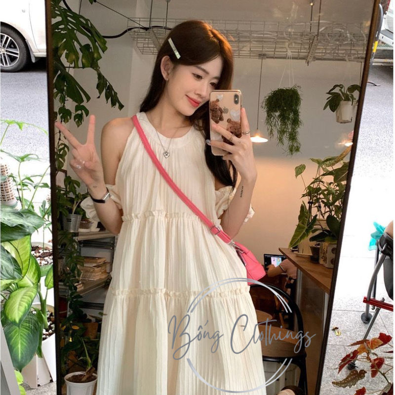 Váy Khoét Vai Babydoll Cổ Yếm Nơ Sau chất đũi nhăn tạo sự dễ thương và quyến rũ dạo chơi,hoặc hẹn hò | BigBuy360 - bigbuy360.vn