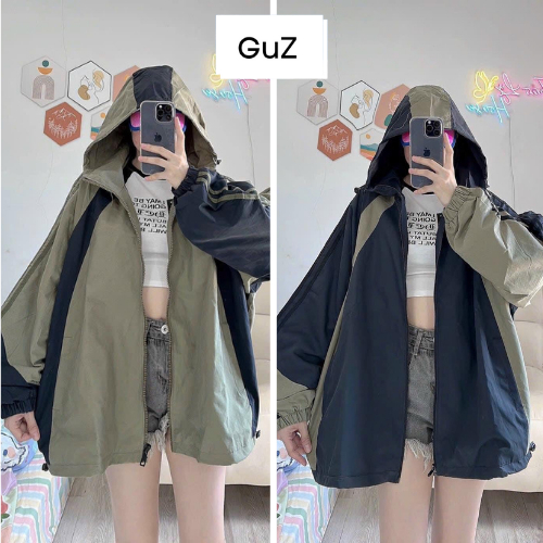 Áo khoác dù phối sọc tay GUZ unisex nam nữ 2 lớp Khoác gió có mũ phù hợp đi học, chống nắng dễ mix đồ kiểu Hàn Quốc hot