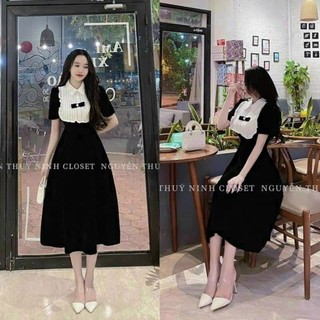 Đầm nữ thời trang mặc đi chơi tay ngắn cổ bèo có đính nơ đầm midi chất vải nhung tuyết 2 màu đỏ đen,