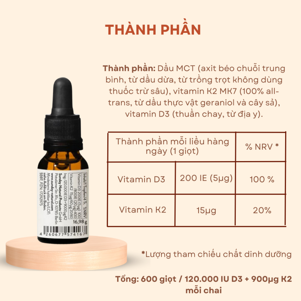 Vitamin D3 K2 Mk7 Sunday Natural Đức 20ml Dùng Cho Bé Từ Sơ Sinh - Miwako Việt Nam