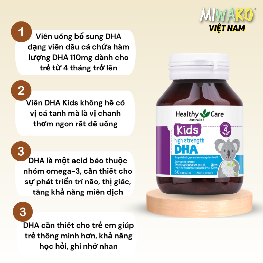 Viên uống DHA bổ sung dưỡng chất cho bé Healthy Care High Strength lọ 60 viên