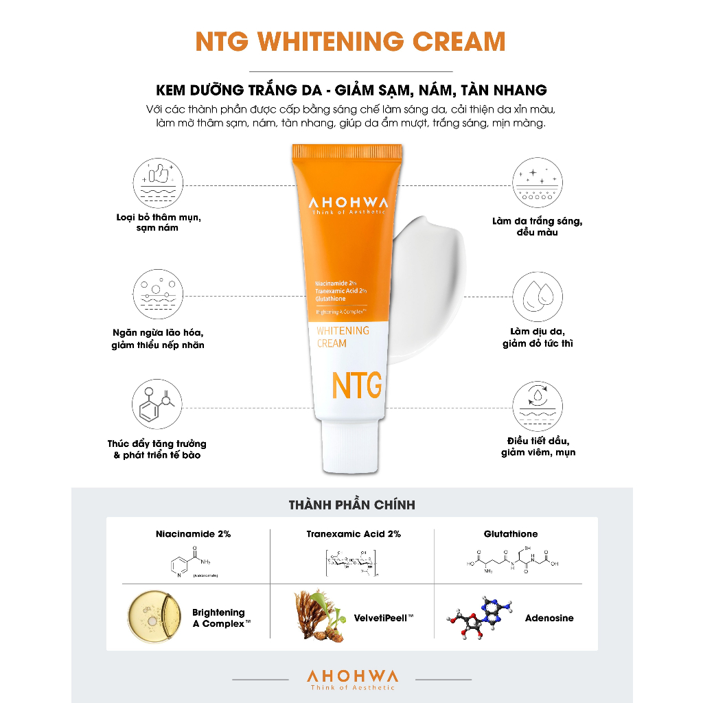 Kem dưỡng trắng da, giảm sạm - nám - tàn nhang Ahohwa Whitening Cream NTG (50ml)