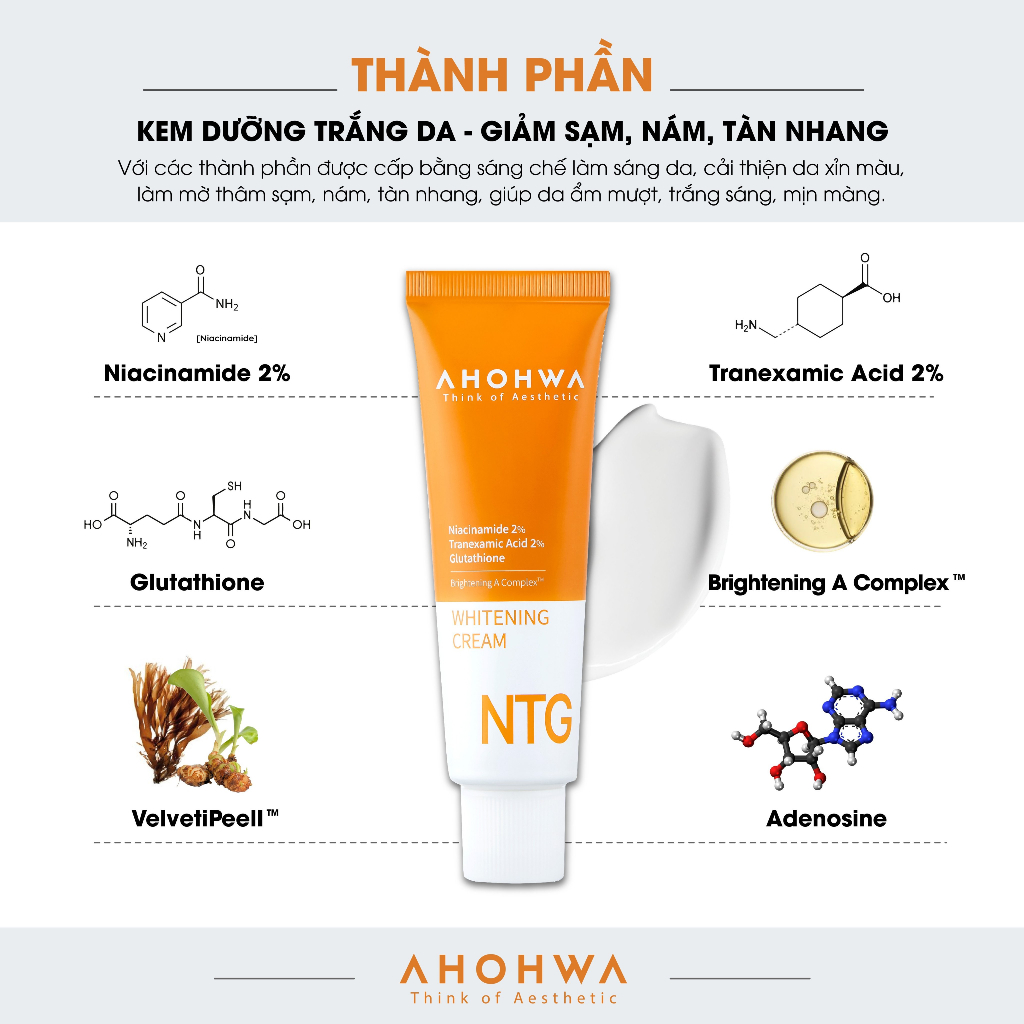 Kem dưỡng trắng da, giảm sạm - nám - tàn nhang Ahohwa Whitening Cream NTG (50ml)