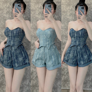 set jean áo cúp quần đùi có mut