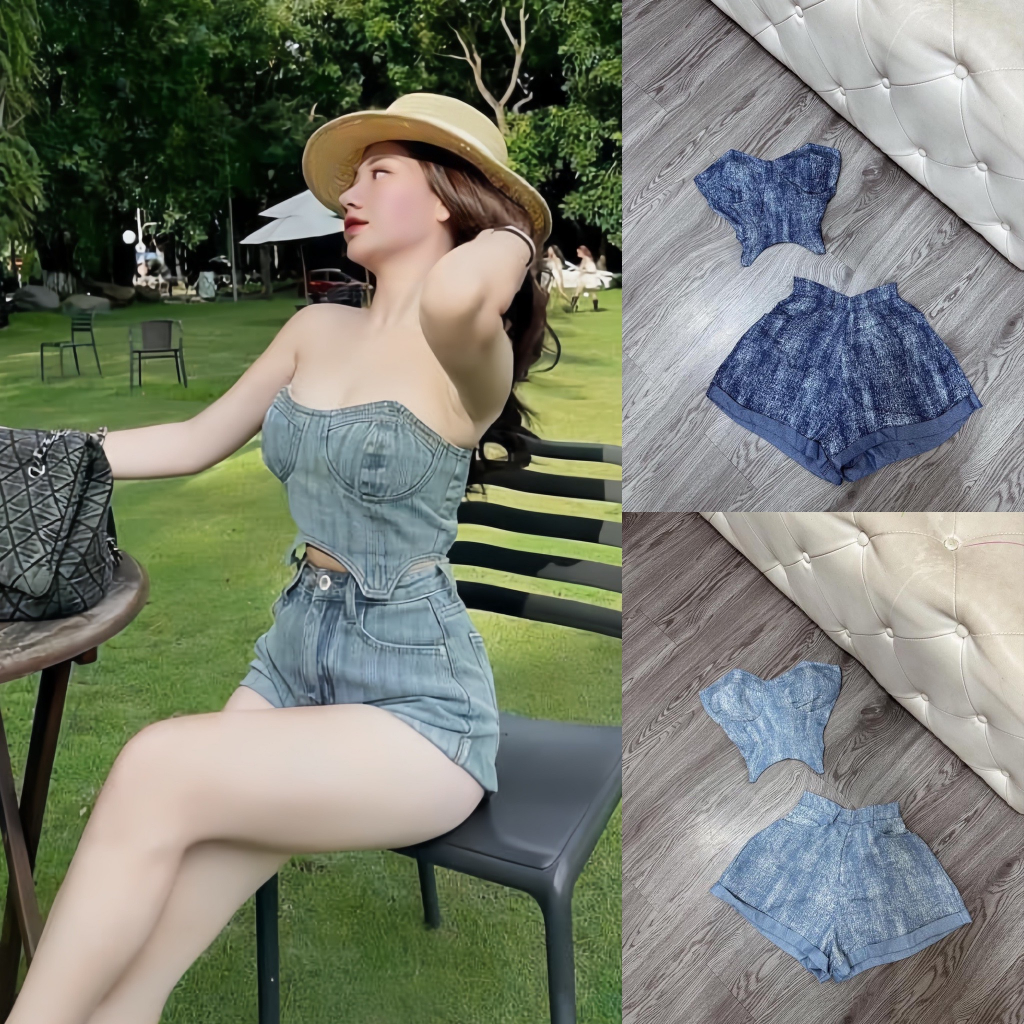 set jean áo cúp quần đùi có mut