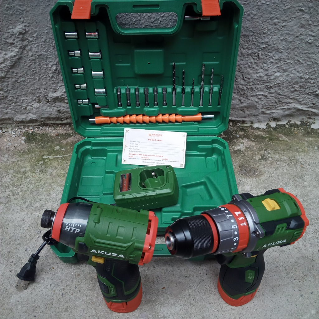 Combo máy khoan búa 10mm akuza k4 + máy chuyên vít có búa akura cv2