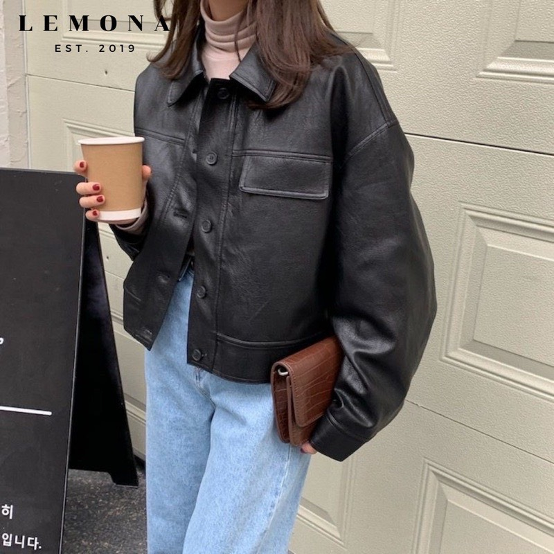 Áo Khoác Da Cúc Đóng Cài Khuy 1 Nắp Túi 2 Màu Đen Nâu Dáng Thường