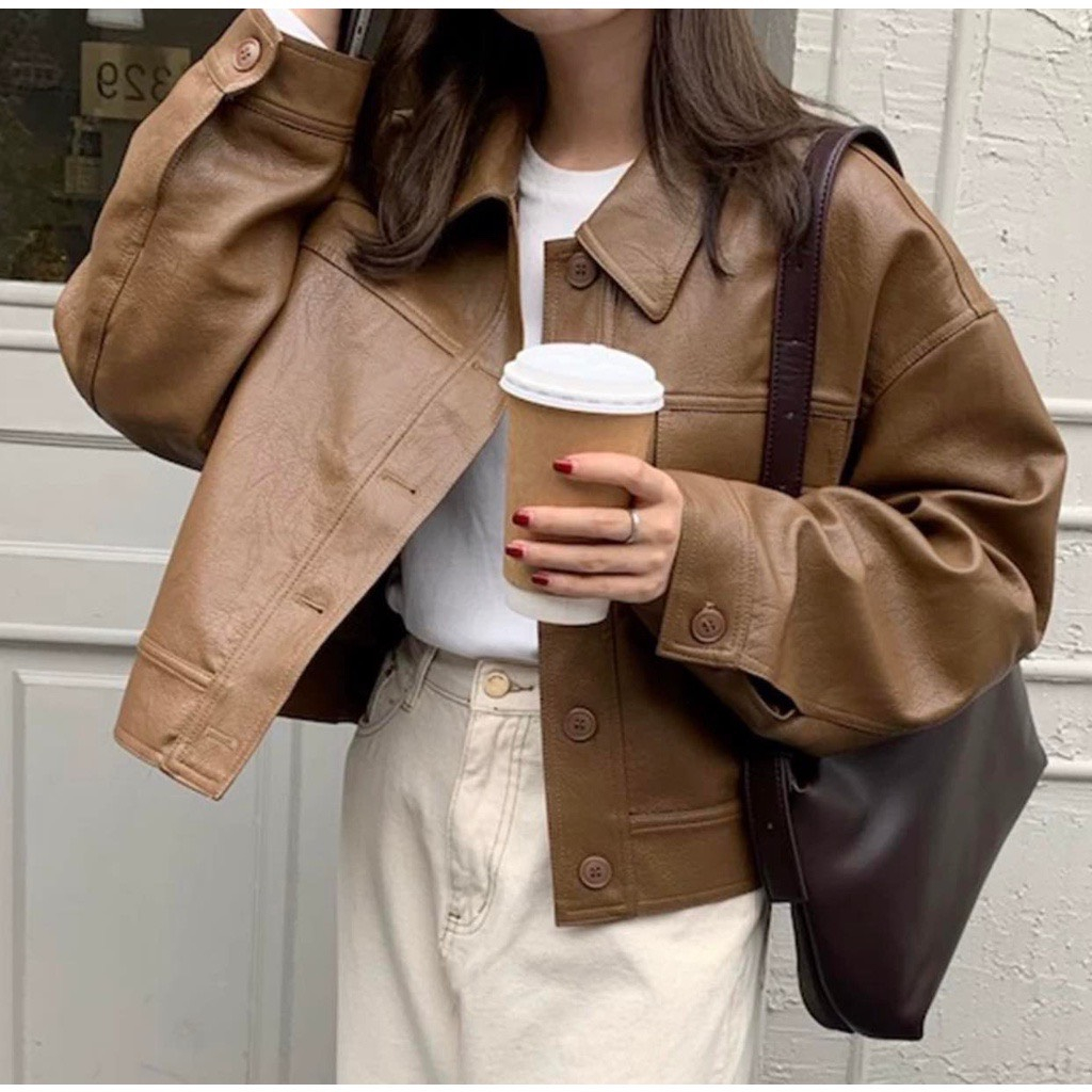 Áo Khoác Da Cúc Đóng Cài Khuy 1 Nắp Túi 2 Màu Đen Nâu Dáng Thường
