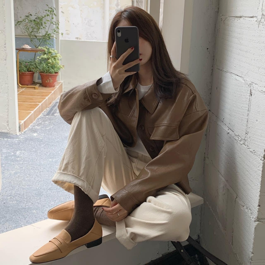 Áo Khoác Da Cúc Đóng Cài Khuy 1 Nắp Túi 2 Màu Đen Nâu Dáng Thường