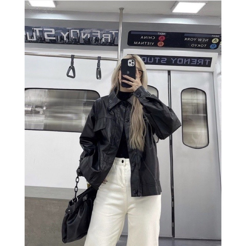 Áo Khoác Da Cúc Đóng Cài Khuy 1 Nắp Túi 2 Màu Đen Nâu Dáng Thường