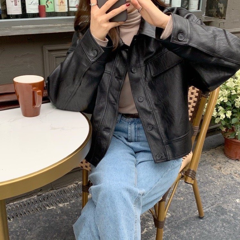 Áo Khoác Da Cúc Đóng Cài Khuy 1 Nắp Túi 2 Màu Đen Nâu Dáng Thường