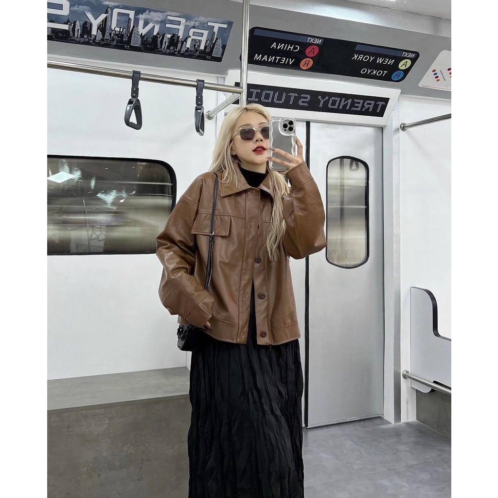 Áo Khoác Da Cúc Đóng Cài Khuy 1 Nắp Túi 2 Màu Đen Nâu Dáng Thường