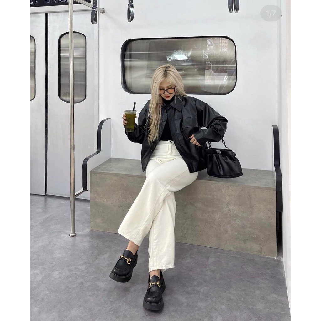 Áo Khoác Da Cúc Đóng Cài Khuy 1 Nắp Túi 2 Màu Đen Nâu Dáng Thường