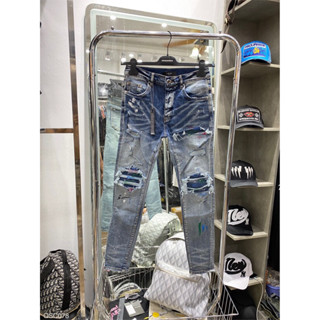 Quần bò amiri xanh nam thiết kế vá màu đường may chắc chắn vẩy sơn in k lo bong