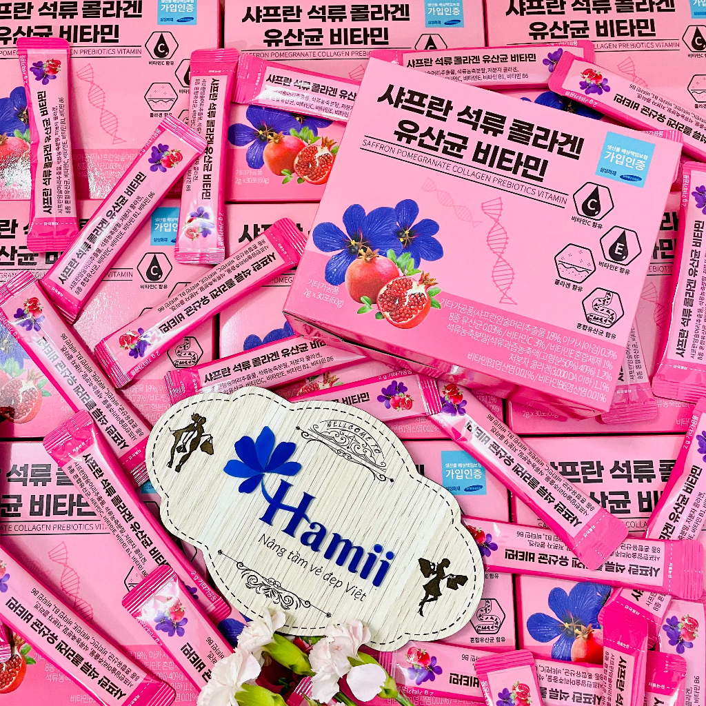 Bột Uống Collagen Lựu Saffron Hỗ Trợ Đẹp Da Chống Lão Hóa Saffron Pomegranate Collagen Prebiotics Vitamin 2gr x 30 Gói H