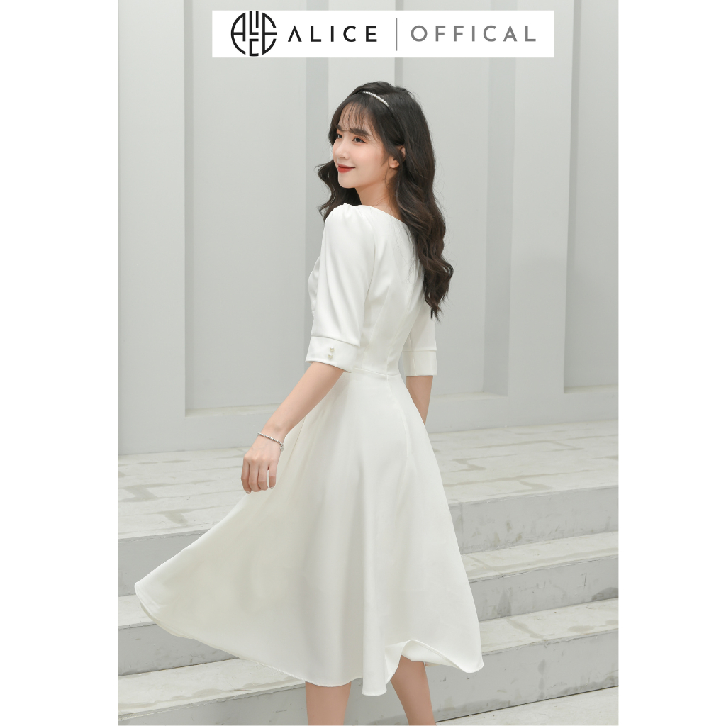 Đầm Dự Tiệc Thiết Kế ALICE Cổ Vuông Dập Ly Sang Trọng, Thiết Kế Dáng Dài Xòe, Tay Lỡ Thắt Eo Thanh Lịch V677