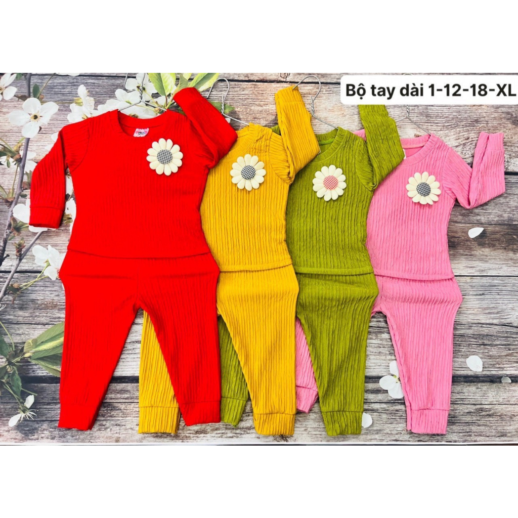 Đồ bộ vải tay dài đính hoa vải xốp cho bé gái ngủ điều hòa, đi chơi, đi học (TT058)