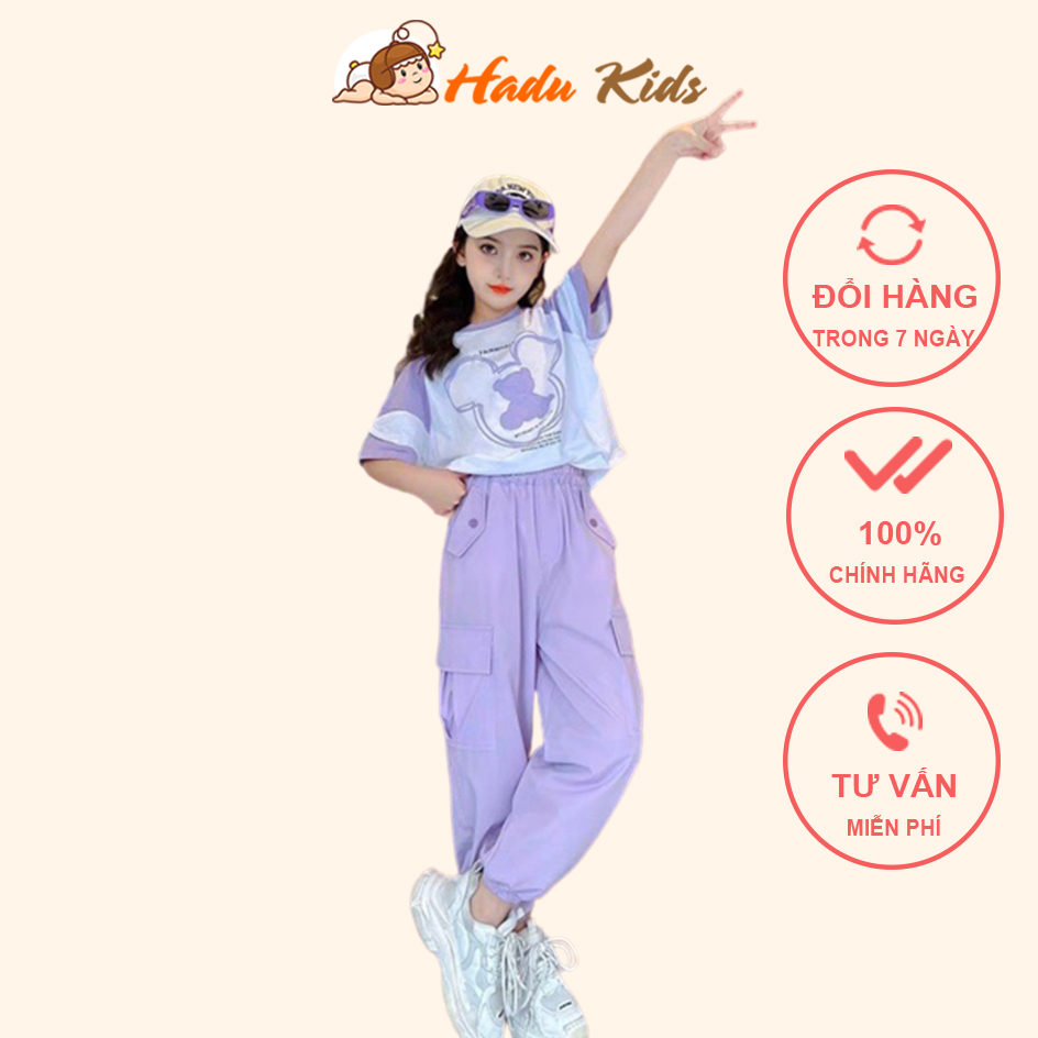 Bộ quần áo Hip Hop cho bé gái size đại 26-42kg Set áo cotton phối quần kaki cá tính Hadukids