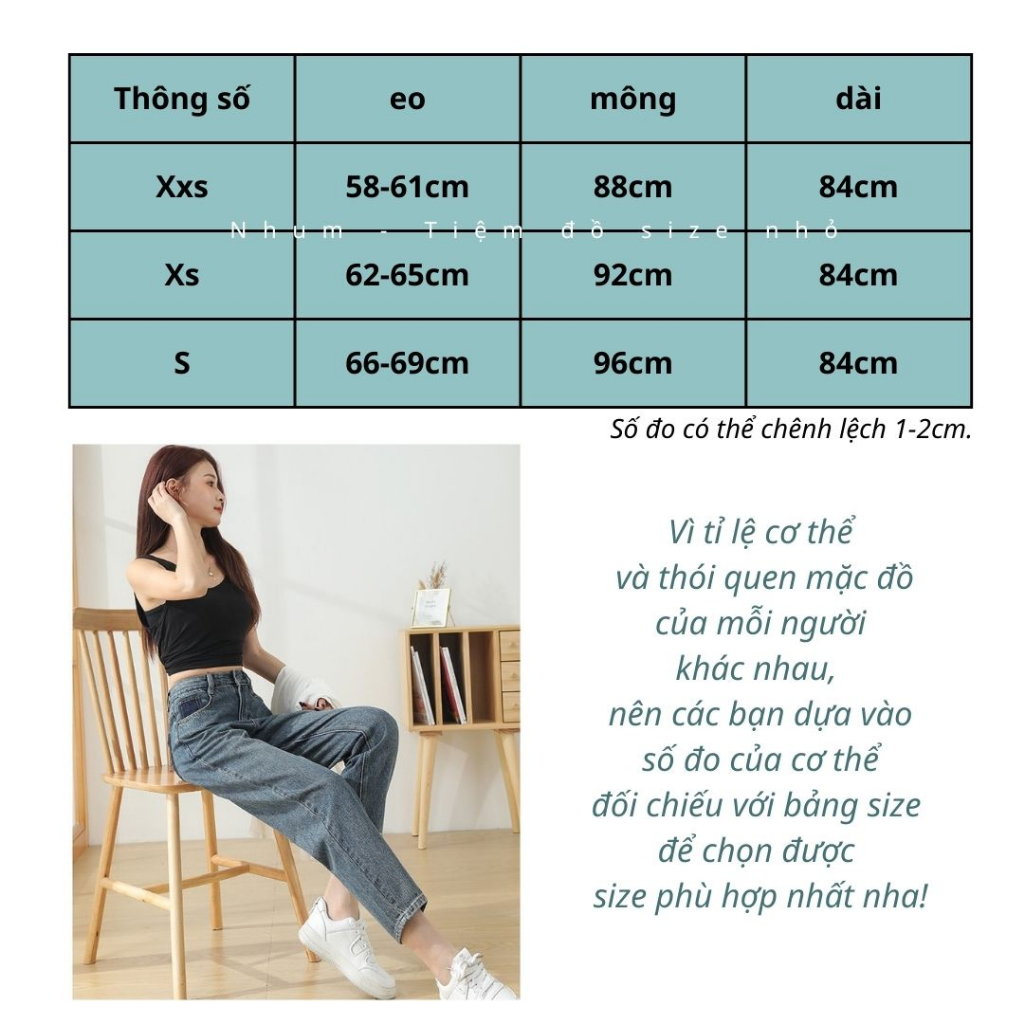 Quần jean size ngắn dành cho nấm lùn 1m4x. Lưng cao, dáng baggy size XXS-XS-S dài 84 hoặc 88cm