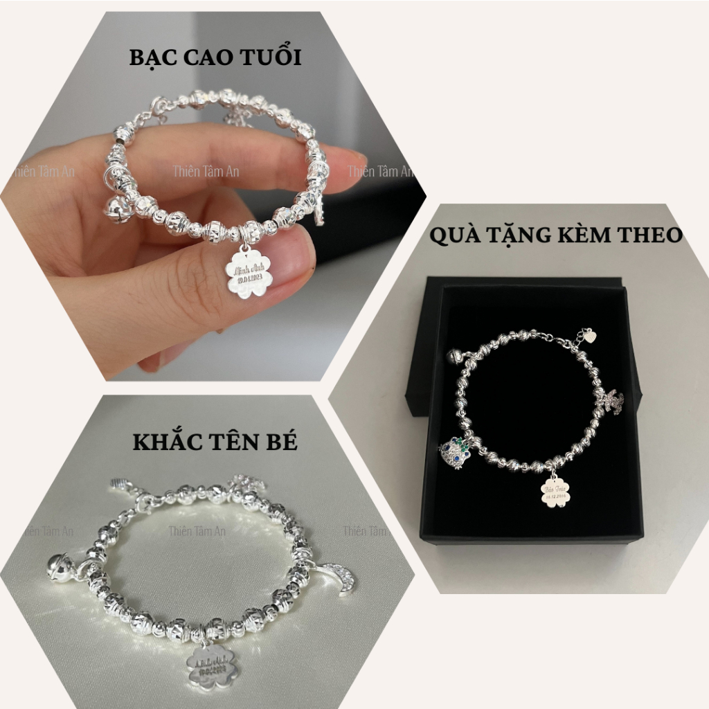 Vòng tay Bạc khắc Tên bé - Quà tặng sinh nhật, thôi nôi, đầy tháng ý nghĩa sang trọng - Lắc tay cỏ 4 lá