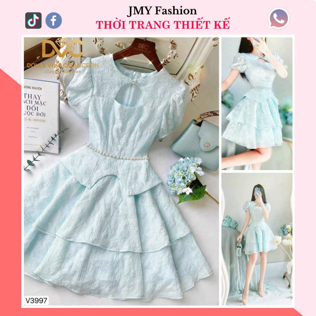 váy đầm xoè xanh pastel hoa nổi nữ tính