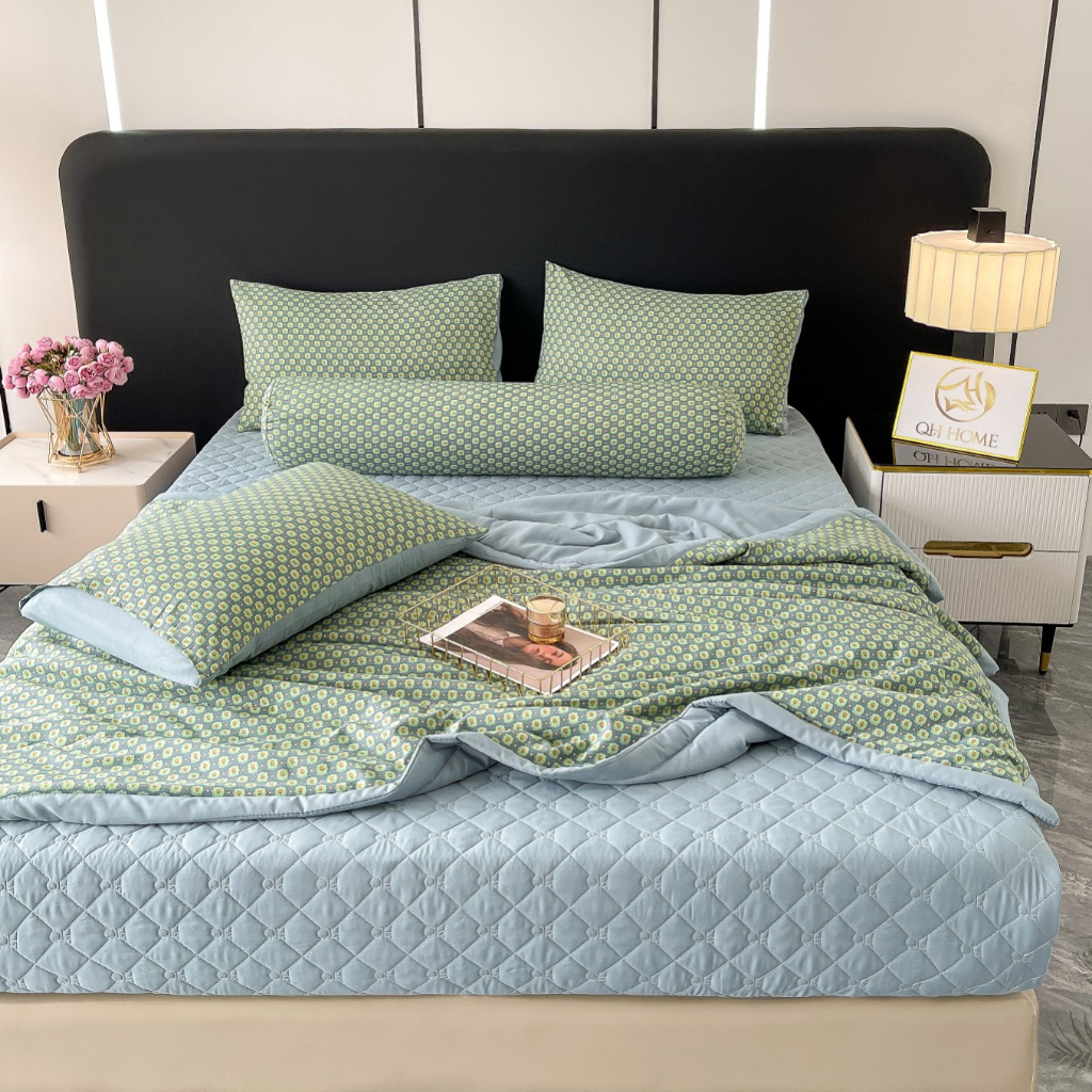 Set chăn ga gối cotton đũi hữu cơ phiên bản ga trần 5 món