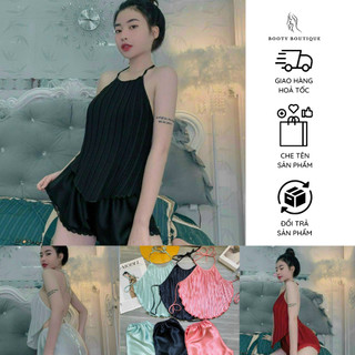 Set bộ yếm dập ly lụa satin - booty boutique