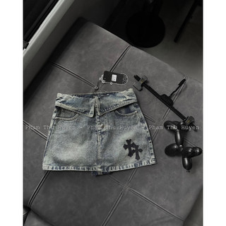 Chân váy denim jeans bò đai lật chữ thập QCL1 LuciK Shop CV0031