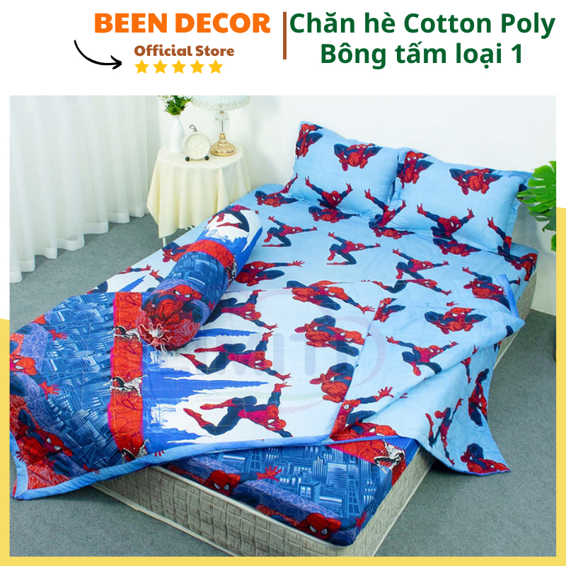 Bộ 5 món Chăn Hè Thu, Bộ chăn ga kèm vỏ gối vải Cotton Poly, Chăn hè kích thước 1m8 x 2m mẫu Người Nhện (được chọn mẫu)