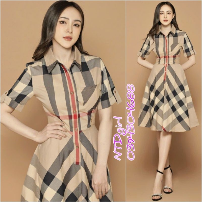 Hàng nhập - Đầm dáng xòe cổ sơ mi kẻ BBR, váy xòe dạo phố hay công sở đều xinh xắn thanh lịch