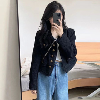 Áo dạ tweed đen khuy đồng