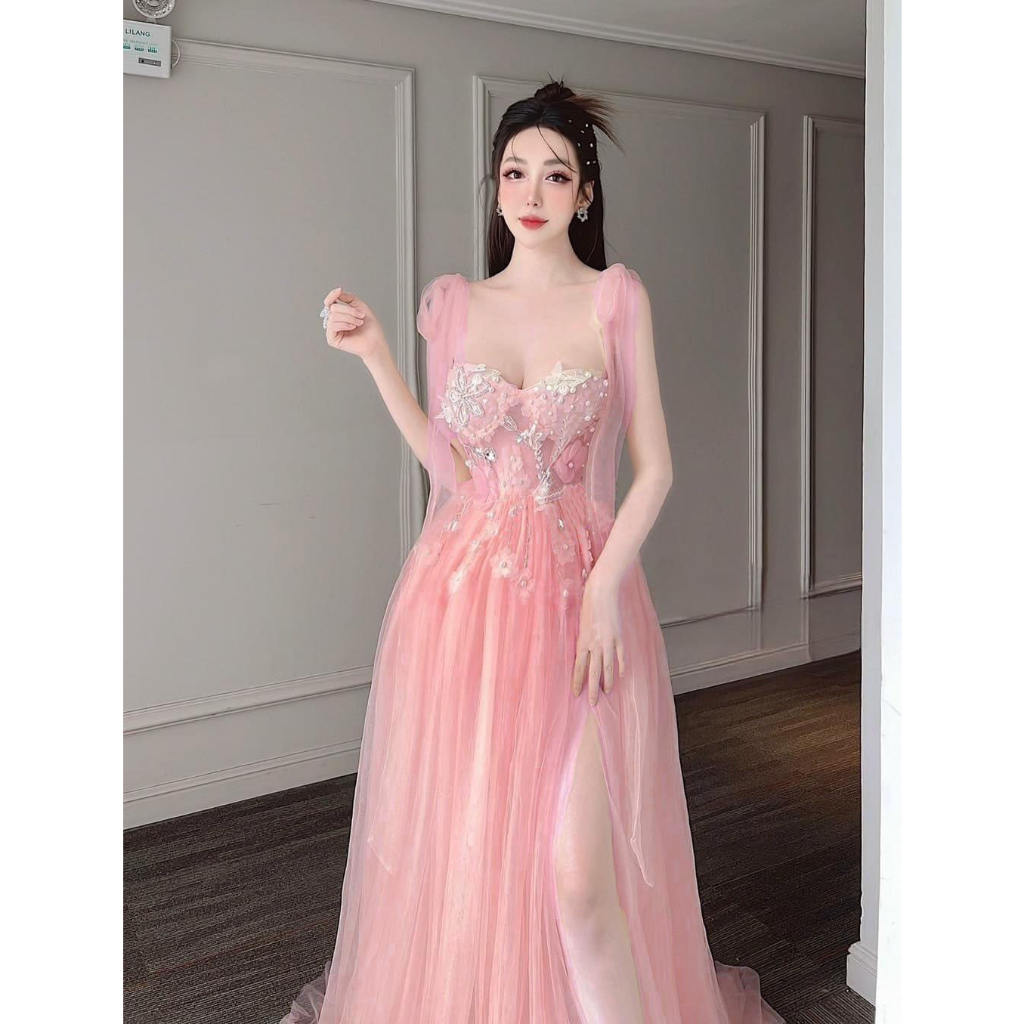 Đầm đi tiệc maxi phối nơ vai đính hoa 3D xinh xắn vải lưới dày dặn đi sinh nhật, cưới, sự kiện-NUT Wedding
