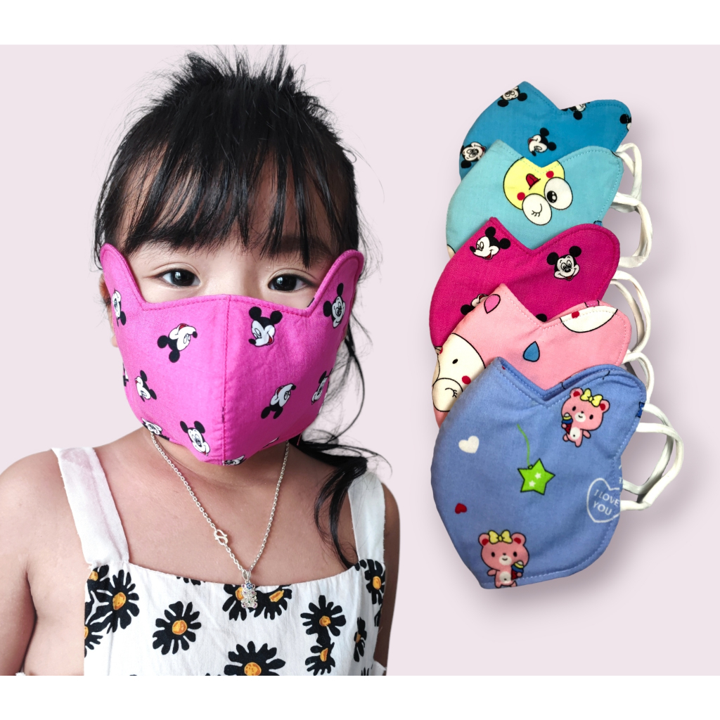 Khẩu trang cho bé, Khẩu trang vải có tai thỏ 3 lớp cho bé từ 3 đến 6 tuổi, nhiều màu