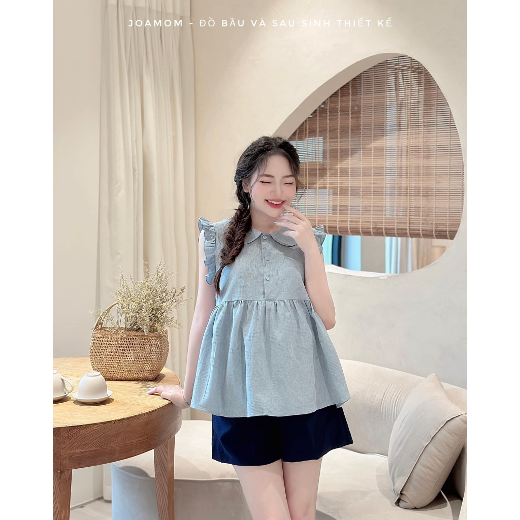 Set bộ mặc nhà bầu và sau sinh dáng babydoll cúc thật thiết kế Joamom BB113