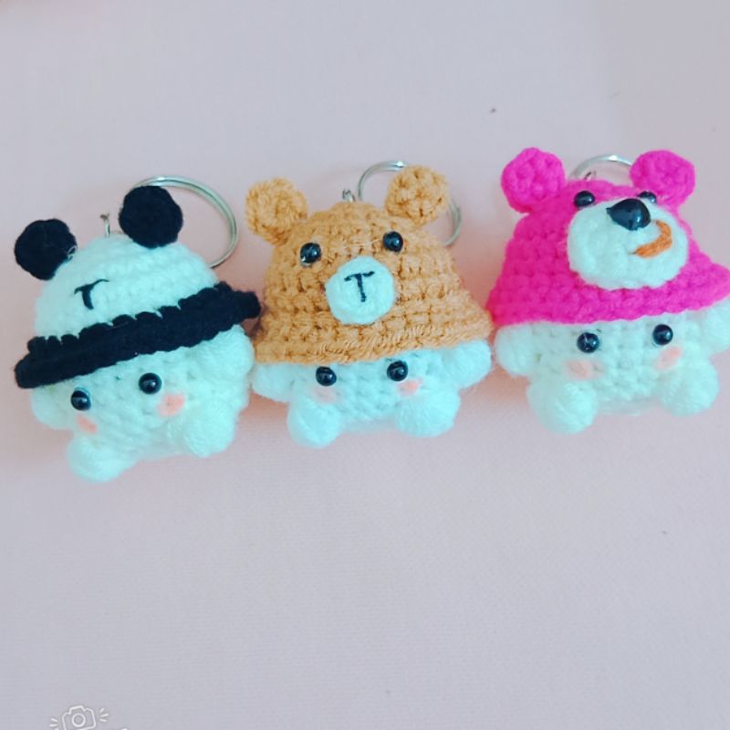 Combo 3 móc khóa bé nấm bằng len hình gấu , gấu trúc, gấu dâu