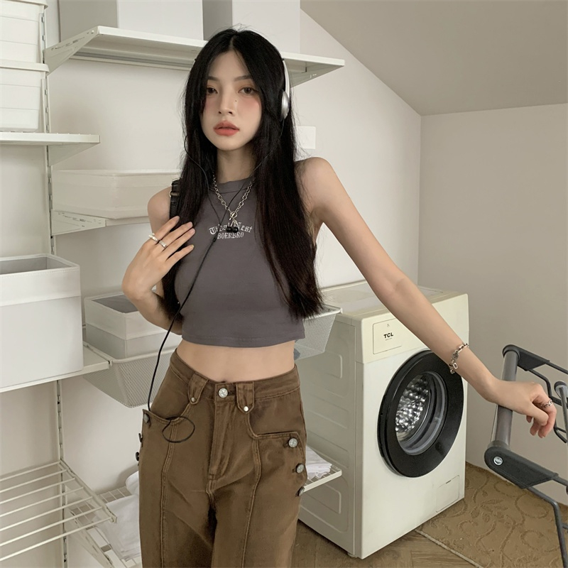 Porozi Áo croptop Spice Girl Áo tank top Ôm Dáng Không Tay Màu Trắng Phong Cách Mới Mùa Hè Cho Nữ