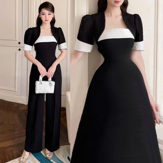 Đầm midi - jumpsuit đen tay phồng viền trắng