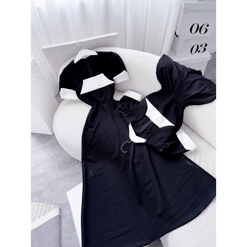 ĐẦM MIDI - JUMPSUIT ĐEN TAY PHỒNG VIỀN TRẮNG