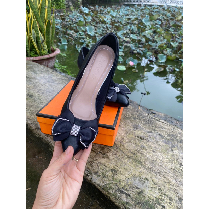 Giày cao gót 7p đính nơ gót trụ da mờ, giày công sở