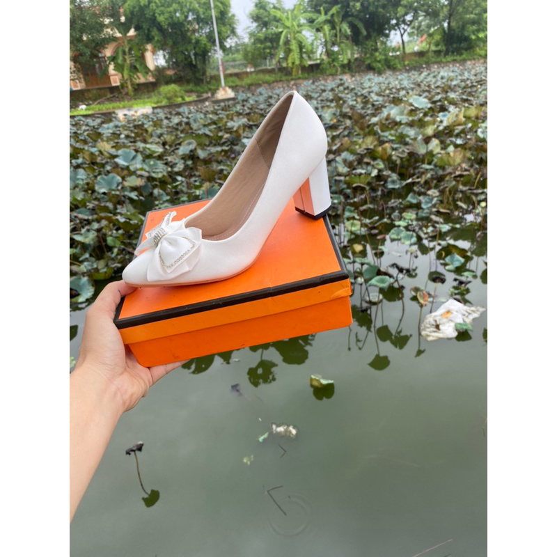 Giày cao gót 7p đính nơ gót trụ da mờ, giày công sở