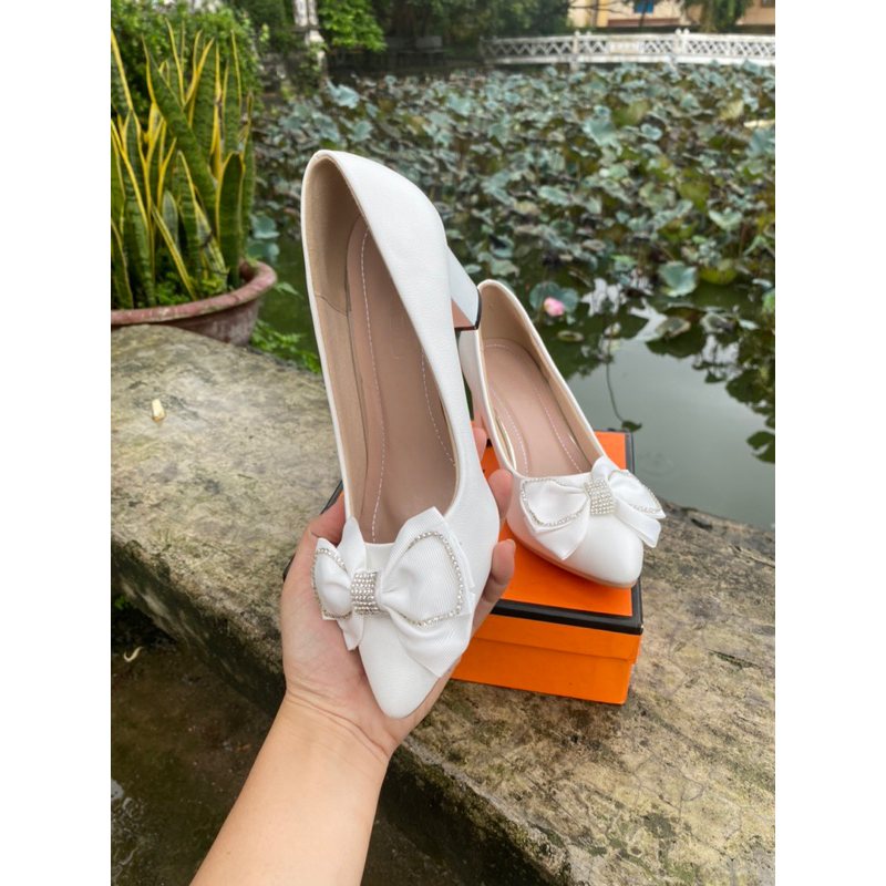 Giày cao gót 7p đính nơ gót trụ da mờ, giày công sở