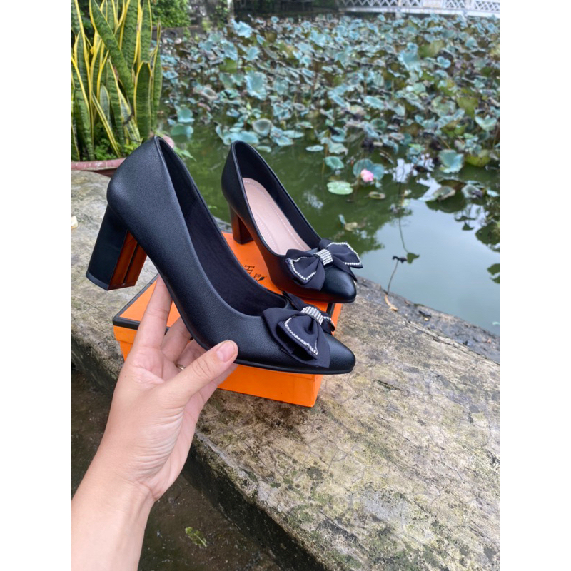 Giày cao gót 7p đính nơ gót trụ da mờ, giày công sở