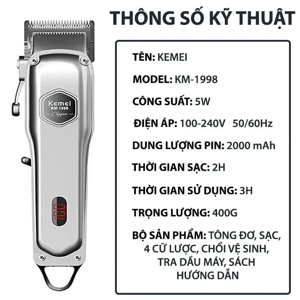 Tông đơ cắt tóc Kemei 1998, Tông đơ Thân Nhôm Nguyên Khối Chuyên Nghiệp Cho Salon Và Gia Đình