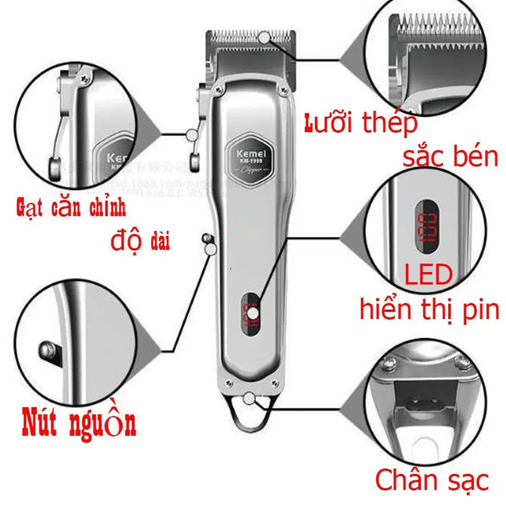 Tông đơ cắt tóc Kemei 1998, Tông đơ Thân Nhôm Nguyên Khối Chuyên Nghiệp Cho Salon Và Gia Đình